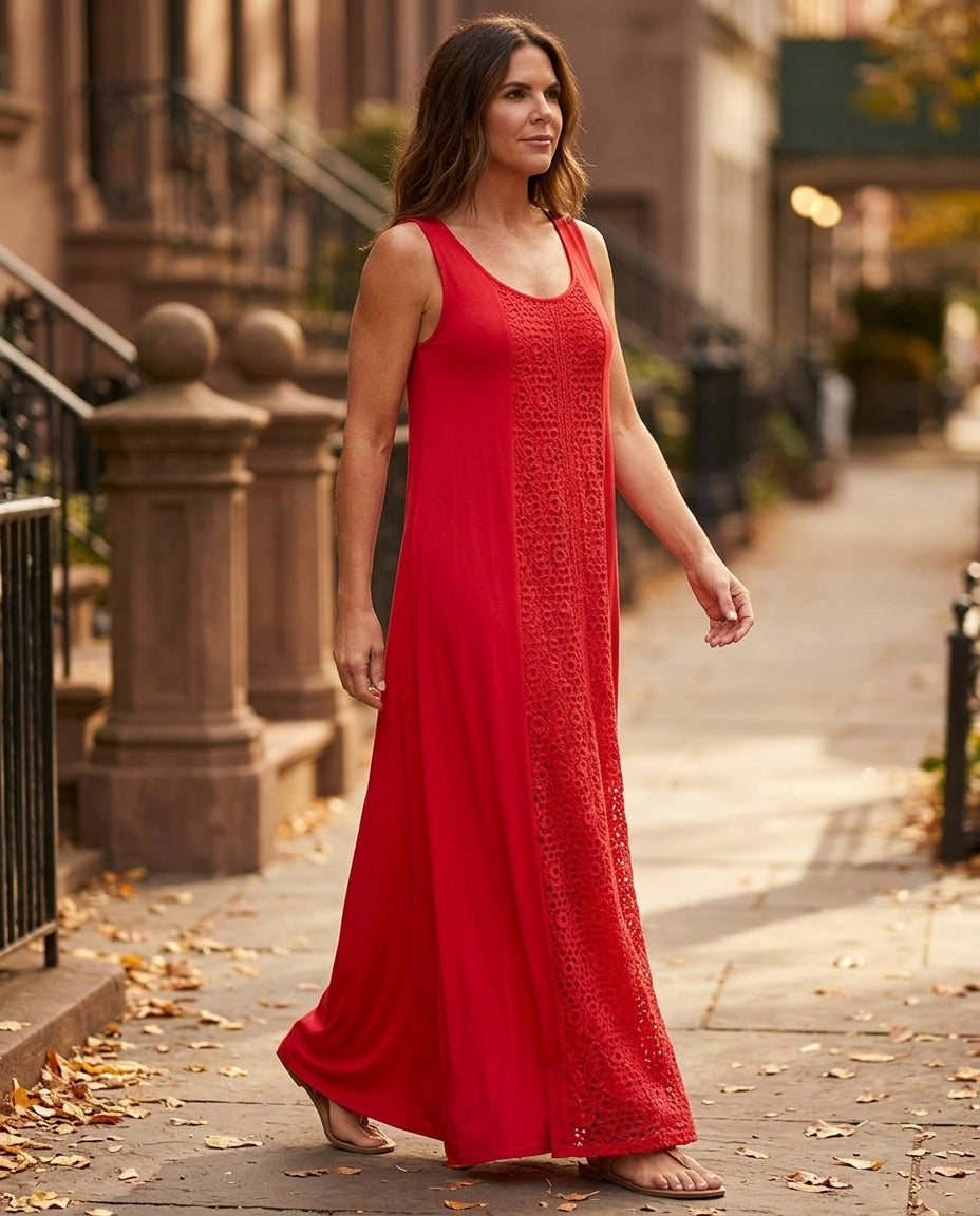 Red Glow Evening Lace Maxi Dress Red Maxi Dress with Relaxed Fit silhouette and Textured texture, side or back garment view for City Dinner, a fall city dinner, Fall city dinners, cafe plans, gallery evenings, and polished weekend styling, US Coastal Glam by floravincie