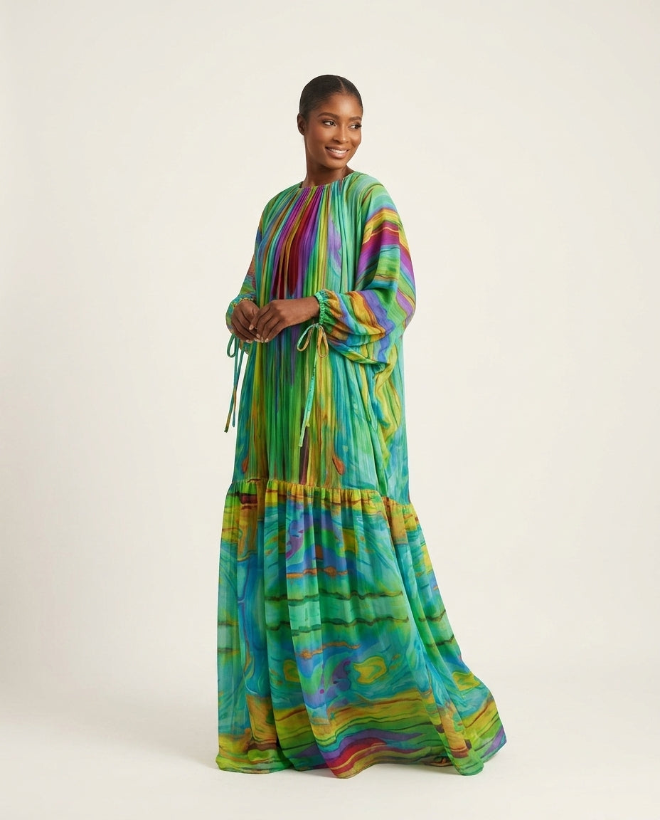 Sage Velvet Evening Abstract Print Maxi Dress Sage Maxi Dress with Relaxed Fit silhouette and Textured texture, side or back garment view for City Dinner, a cafe plan, Fall city dinners, cafe plans, gallery evenings, and polished weekend styling, US East by floravincie