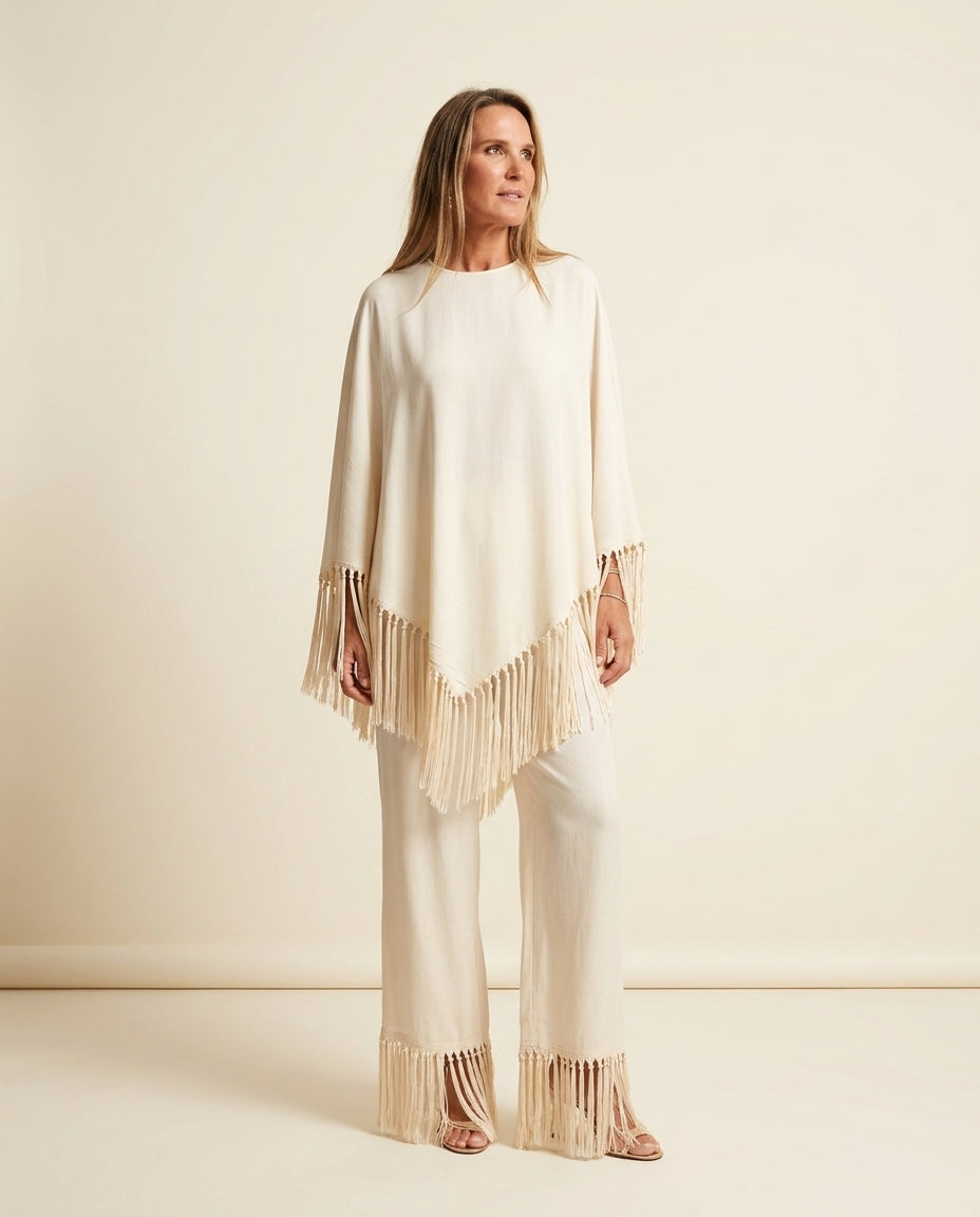 Ivory Glow Wedding Guest Linen Pant Set Ivory Pant Set with Wide-Leg silhouette and Linen Blend texture, side or back garment view for Wedding Guest, a cafe plan, Fall current summer selling first with a light late-summer/pre-fall accent: make it wearable by floravincie