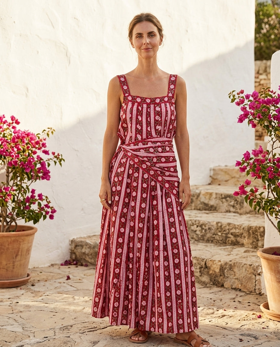 Burgundy Poise Wedding Guest Floral Maxi Dress Burgundy Maxi Dress with Relaxed Fit silhouette and Textured texture, side or back garment view for Wedding Guest, a cafe plan, Fall current summer selling first with a light late-summer/pre-fall accent: make by floravincie