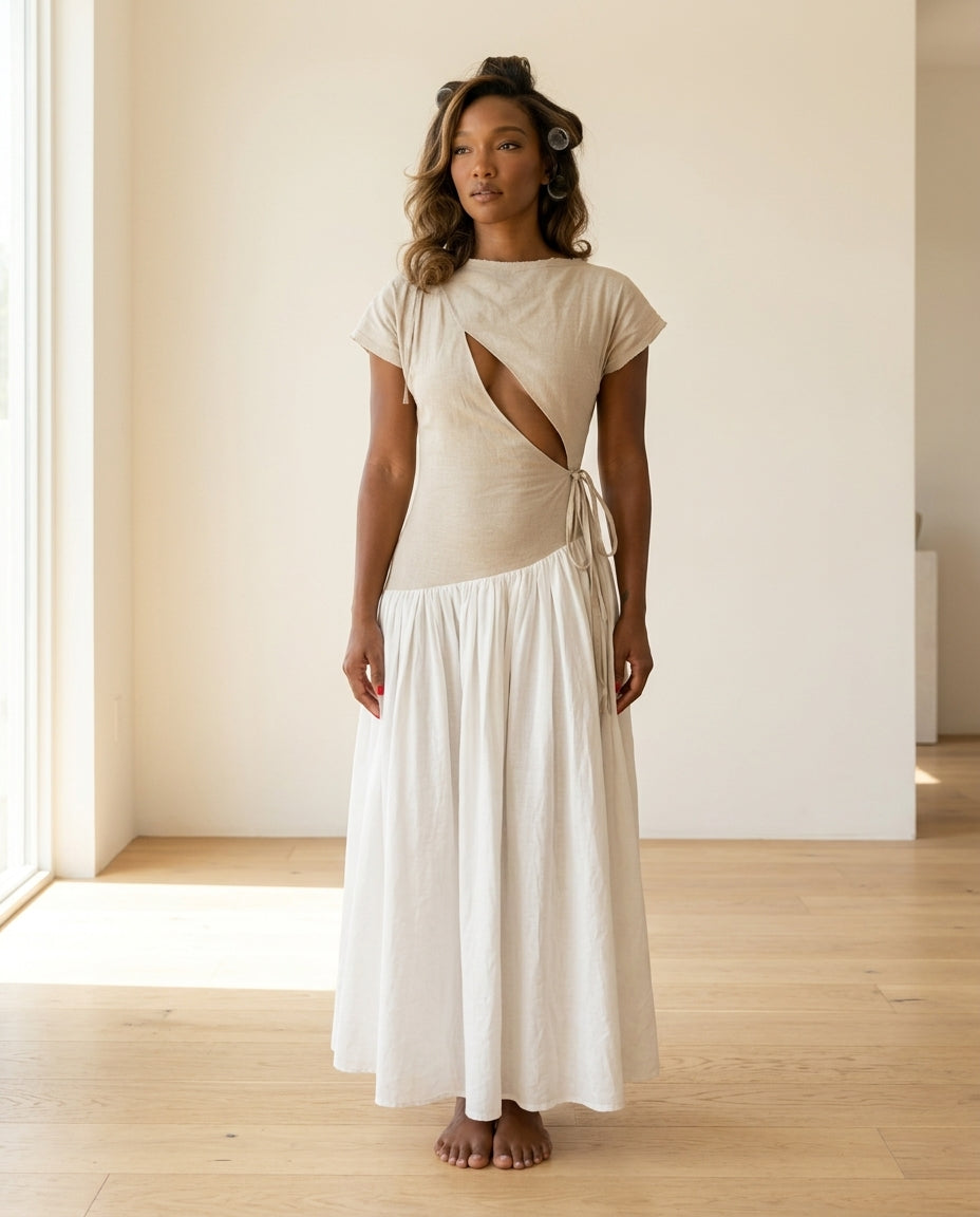 Sand Gleam Wedding Guest Linen Maxi Dress Sand Maxi Dress with Asymmetric silhouette and Linen Blend texture, side or back garment view for Wedding Guest, a fall city dinner, Fall current summer selling first with a light late-summer/pre-fall accent: make by floravincie