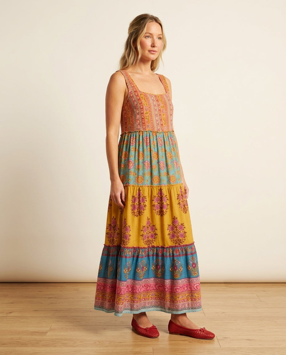 Butter Yellow Charm Wedding Guest Printed Maxi Dress Butter Yellow Maxi Dress with Relaxed Fit silhouette and Textured texture, side or back garment view for Wedding Guest, a cafe plan, Fall current summer selling first with a light late-summer/pre-fall a by floravincie