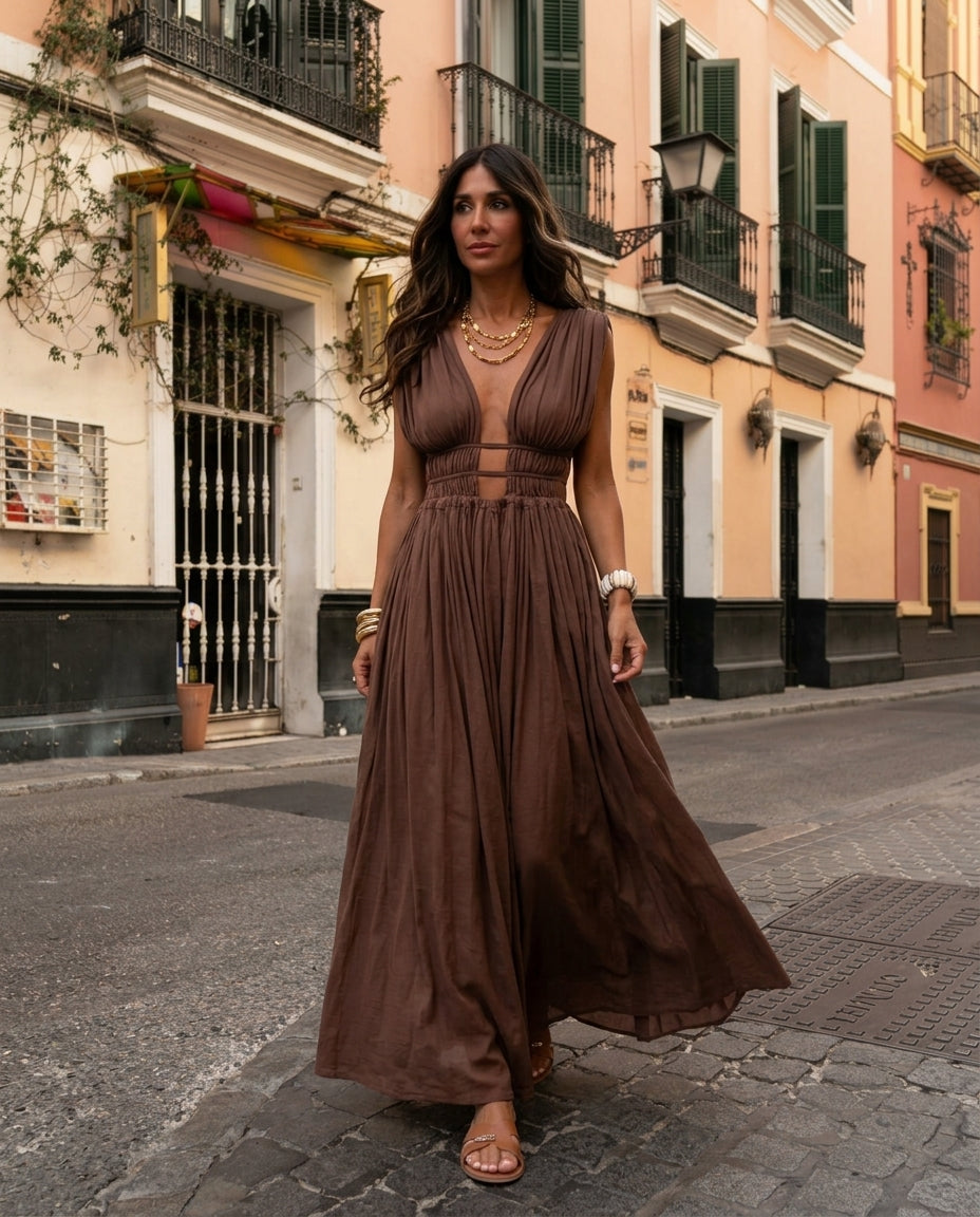 Brown Allure Wedding Guest Printed Maxi Dress Brown Maxi Dress with Relaxed Fit silhouette and Linen Blend texture, side or back garment view for Wedding Guest, a gallery evening, Fall current summer selling first with a light late-summer/pre-fall accent: by floravincie