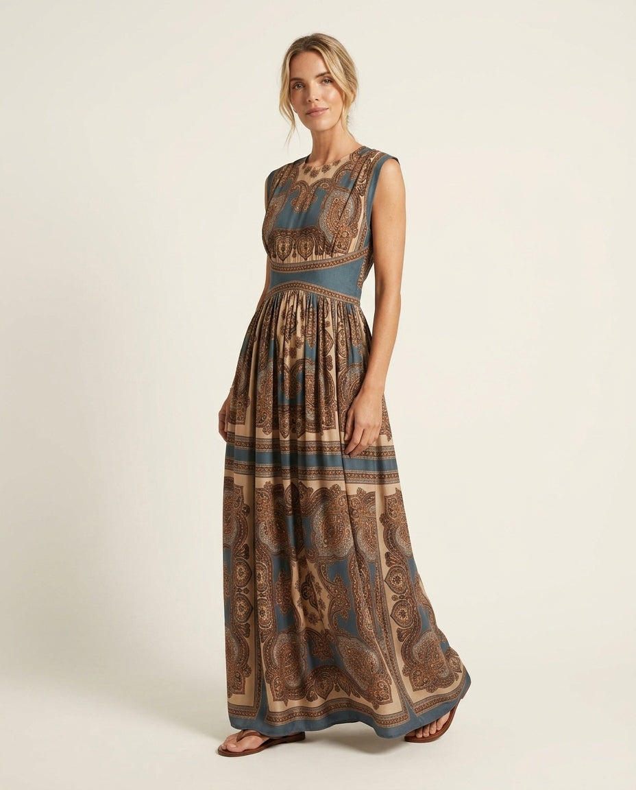 Teal Blue Glow Wedding Guest Printed Maxi Dress Teal Blue Maxi Dress with Relaxed Fit silhouette and Textured texture, side or back garment view for Wedding Guest, a fall city dinner, Fall current summer selling first with a light late-summer/pre-fall acc by floravincie