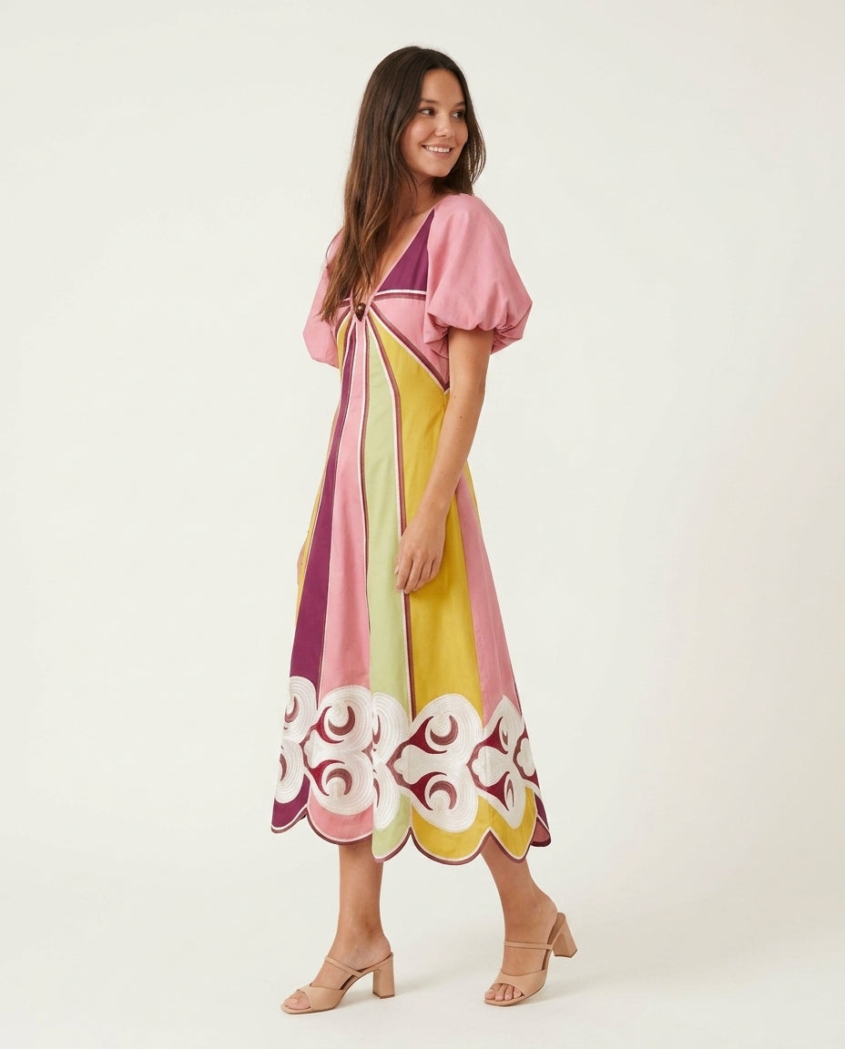 Pink Reverie Wedding Guest Embroidered Maxi Dress Pink Maxi Dress with Relaxed Fit silhouette and Textured texture, side or back garment view for Wedding Guest, a gallery evening, Fall current summer selling first with a light late-summer/pre-fall accent: by floravincie