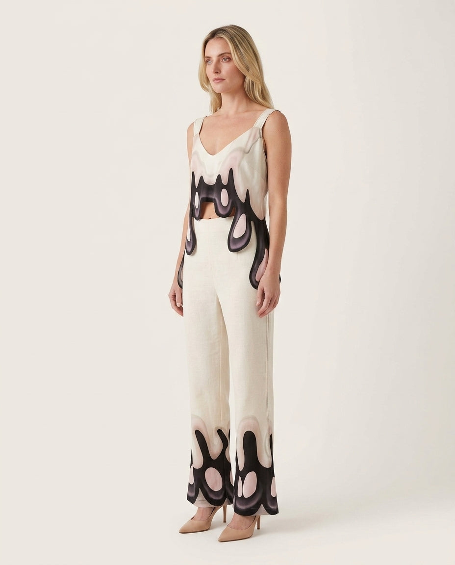 Ivory Glow Wedding Guest Abstract Print Pant Set Ivory Pant Set with Asymmetric silhouette and Satin texture, side or back garment view for Wedding Guest, an office-to-dinner transition, Fall current summer selling first with a light late-summer/pre-fall by floravincie