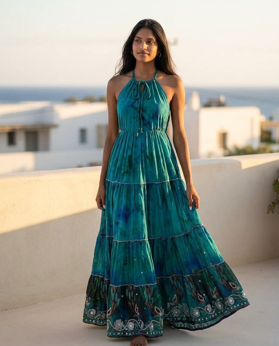Teal Glow Wedding Guest Embroidered Maxi Dress Teal Maxi Dress with Relaxed Fit silhouette and Textured texture, side or back garment view for Wedding Guest, a fall city dinner, Fall current summer selling first with a light late-summer/pre-fall accent: m by floravincie