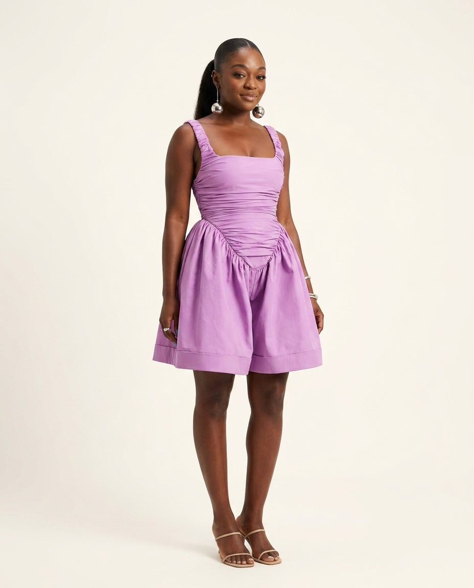 Lavender Whisper Wedding Guest Ruched Romper Lavender Romper with Structured silhouette and Poplin texture, side or back garment view for Wedding Guest, an office-to-dinner transition, Fall current summer selling first with a light late-summer/pre-fall ac by floravincie