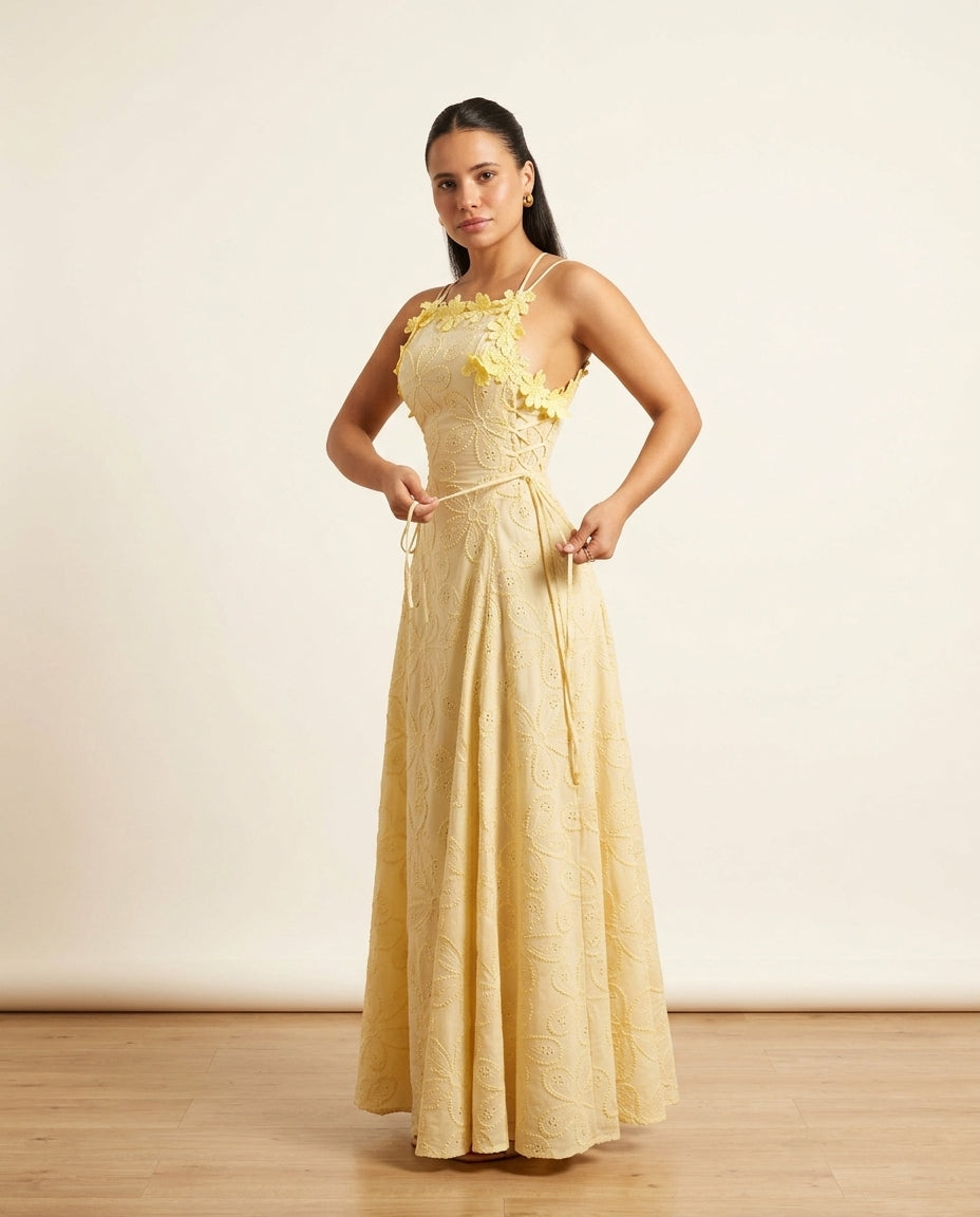 Light Yellow Velvet Wedding Guest Eyelet Maxi Dress Light Yellow Maxi Dress with Relaxed Fit silhouette and Textured texture, side or back garment view for Wedding Guest, a cafe plan, Fall current summer selling first with a light late-summer/pre-fall acc by floravincie
