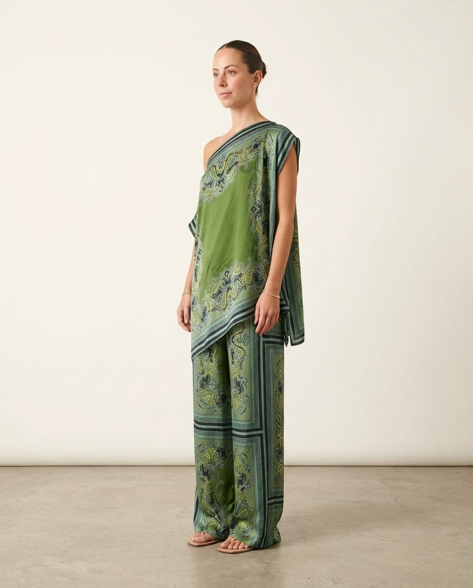 Sage Aura Wedding Guest Paisley Jumpsuit Sage Jumpsuit with Asymmetric silhouette and Satin texture, side or back garment view for Wedding Guest, a cafe plan, Fall current summer selling first with a light late-summer/pre-fall accent: make it wearable now by floravincie