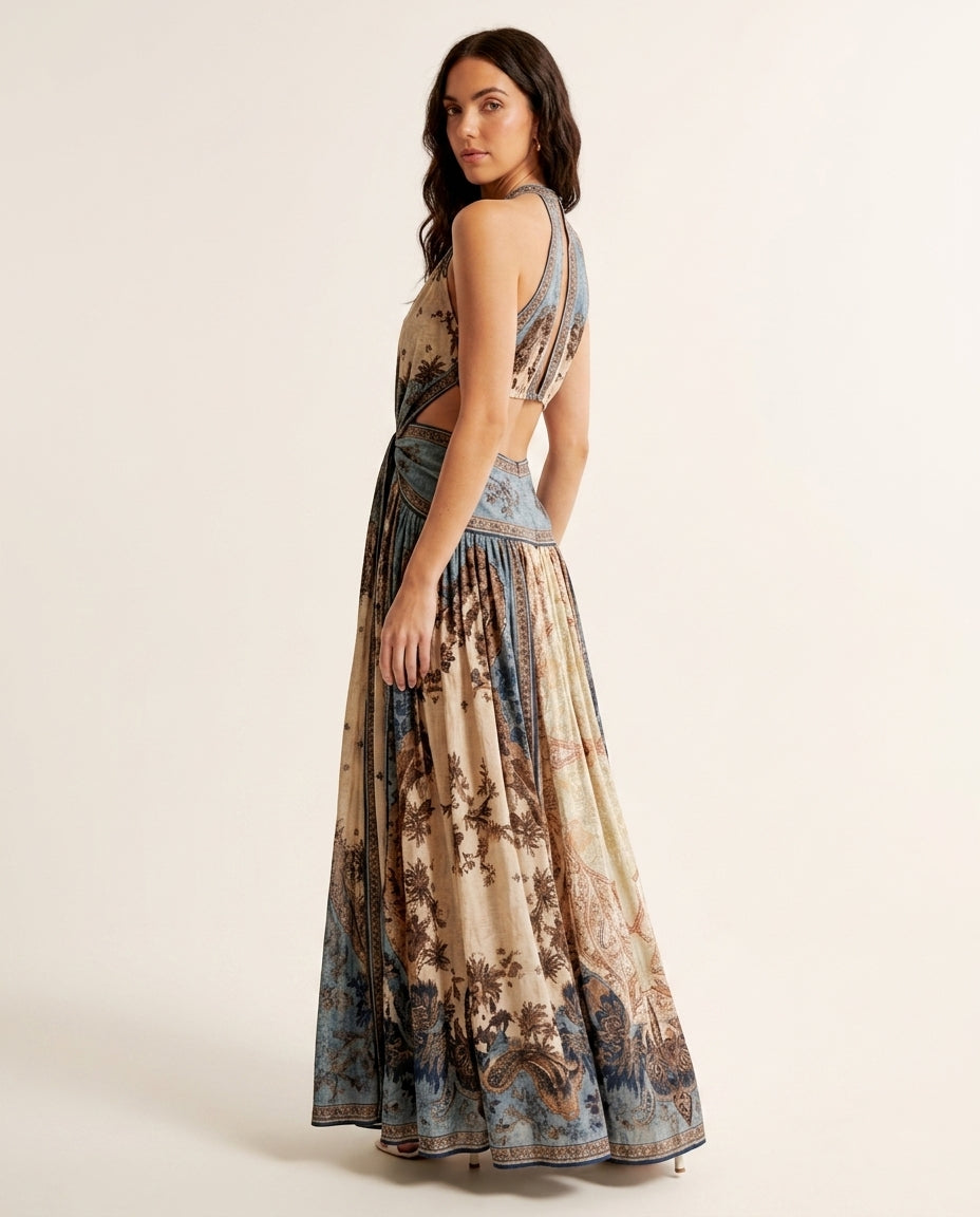 Ivory Poise Wedding Guest Printed Maxi Dress Ivory Maxi Dress with Flowing silhouette and Textured texture, side or back garment view for Wedding Guest, an office-to-dinner transition, Fall current summer selling first with a light late-summer/pre-fall ac by floravincie
