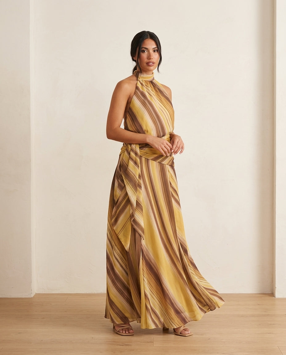 Butter Yellow Muse Wedding Guest Striped Maxi Dress Butter Yellow Maxi Dress with Relaxed Fit silhouette and Textured texture, side or back garment view for Wedding Guest, a gallery evening, Fall current summer selling first with a light late-summer/pre-f by floravincie