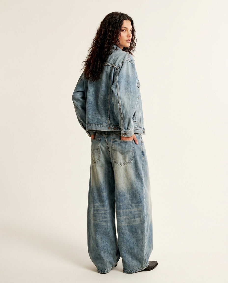 Denim Gleam Wedding Guest Jacket Denim Jacket with Wide-Leg silhouette and Textured texture, side or back garment view for Wedding Guest, a gallery evening, Fall current summer selling first with a light late-summer/pre-fall accent: make it wearable now f by floravincie