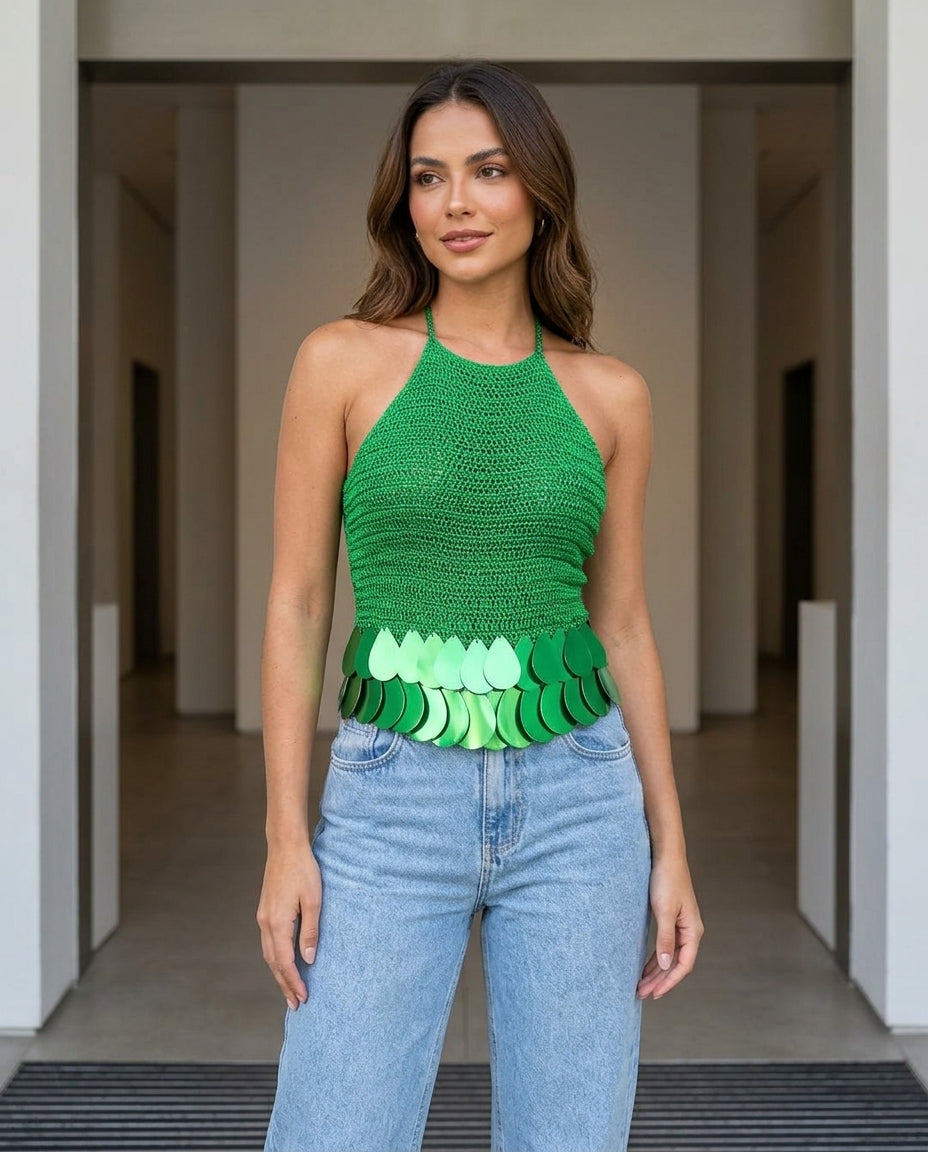 Sage Velvet Wedding Guest Crochet Pant Set Sage Pant Set with Wide-Leg silhouette and Ribbed Knit texture, side or back garment view for Wedding Guest, a gallery evening, Fall current summer selling first with a light late-summer/pre-fall accent: make it by floravincie
