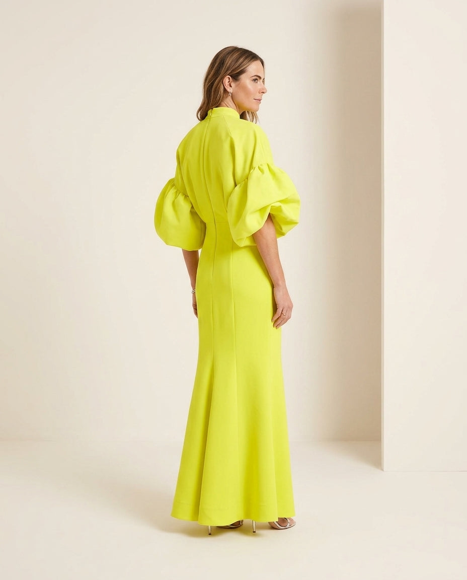 Neon Yellow Glow Wedding Guest Maxi Dress Neon Yellow Maxi Dress with Cropped silhouette and Textured texture, side or back garment view for Wedding Guest, a cafe plan, Fall current summer selling first with a light late-summer/pre-fall accent: make it we by floravincie