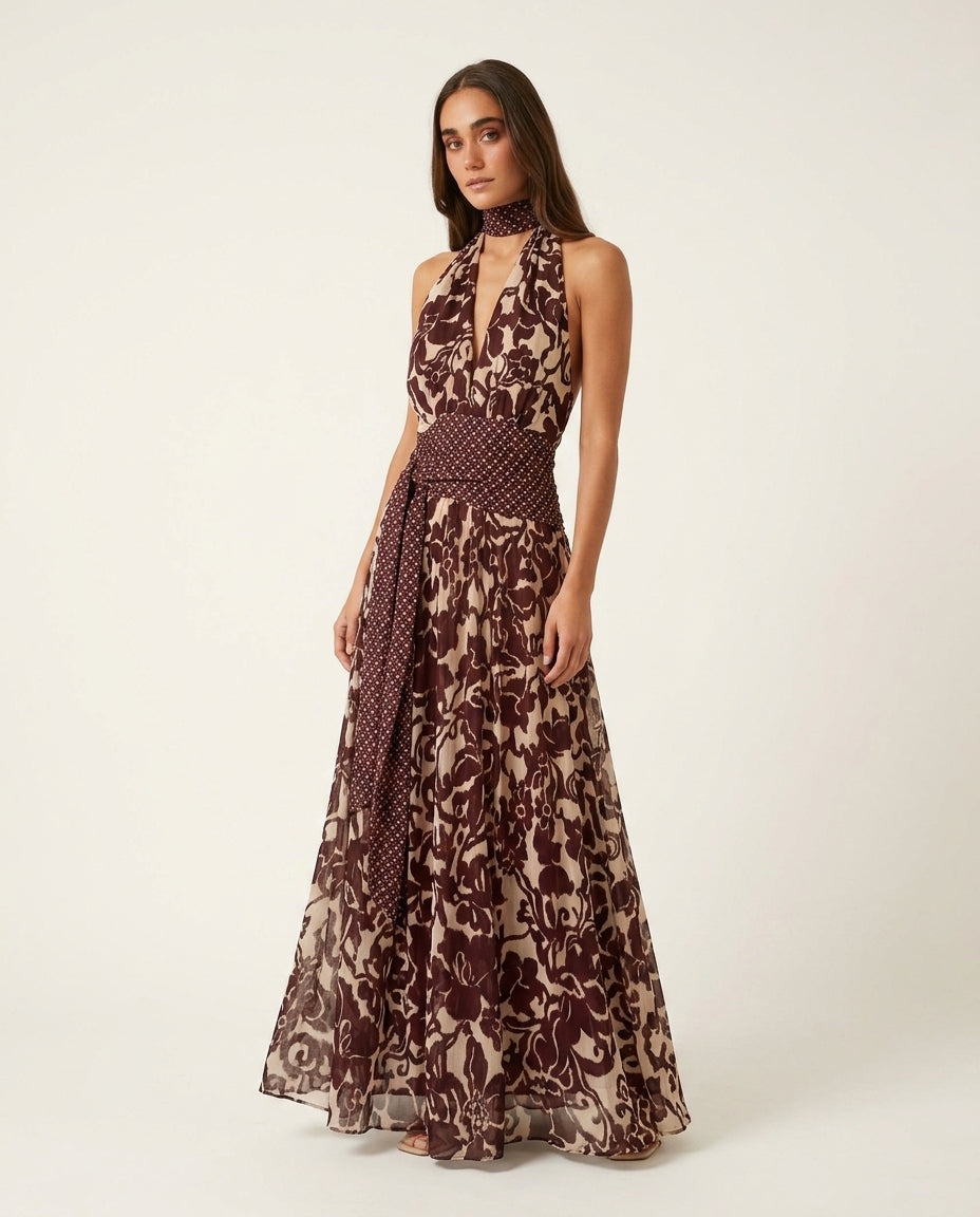 Burgundy Whisper Wedding Guest Floral Maxi Dress Burgundy Maxi Dress with Relaxed Fit silhouette and Textured texture, side or back garment view for Wedding Guest, an office-to-dinner transition, Fall current summer selling first with a light late-summer/ by floravincie