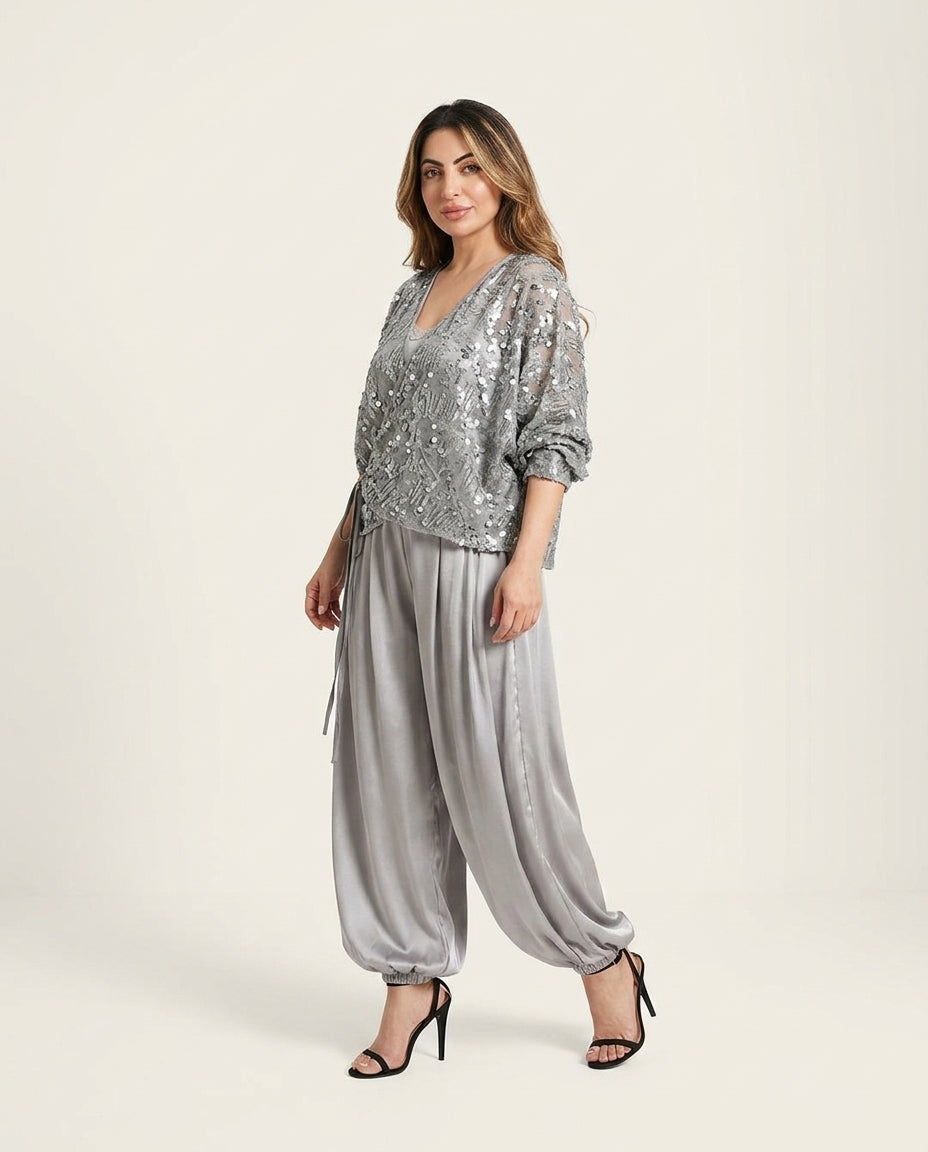 Grey Velvet Wedding Guest Satin Pant Set Grey Pant Set with Wide-Leg silhouette and Satin texture, side or back garment view for Wedding Guest, a fall city dinner, Fall current summer selling first with a light late-summer/pre-fall accent: make it wearabl by floravincie