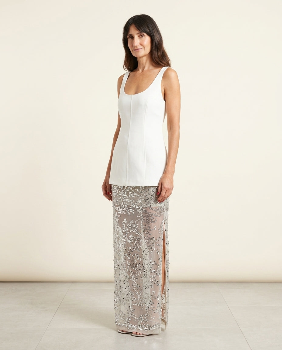 Ivory Muse Wedding Guest Sequin Skirt Set Ivory Skirt Set with Cropped silhouette and Textured texture, side or back garment view for Wedding Guest, a gallery evening, Fall current summer selling first with a light late-summer/pre-fall accent: make it wea by floravincie