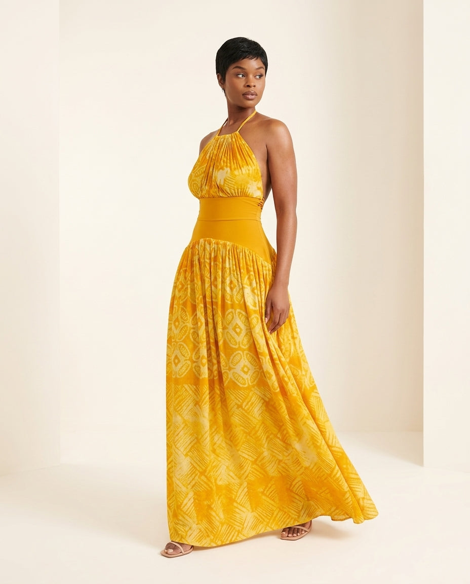 Butter Yellow Velvet Wedding Guest Abstract Print Maxi Dress Butter Yellow Maxi Dress with Flowing silhouette and Textured texture, side or back garment view for Wedding Guest, an office-to-dinner transition, Fall current summer selling first with a light by floravincie