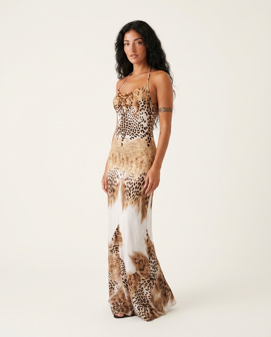 Brown Poise Wedding Guest Animal Print Maxi Dress Brown Maxi Dress with Asymmetric silhouette and Ribbed Knit texture, side or back garment view for Wedding Guest, an office-to-dinner transition, Fall current summer selling first with a light late-summer/ by floravincie