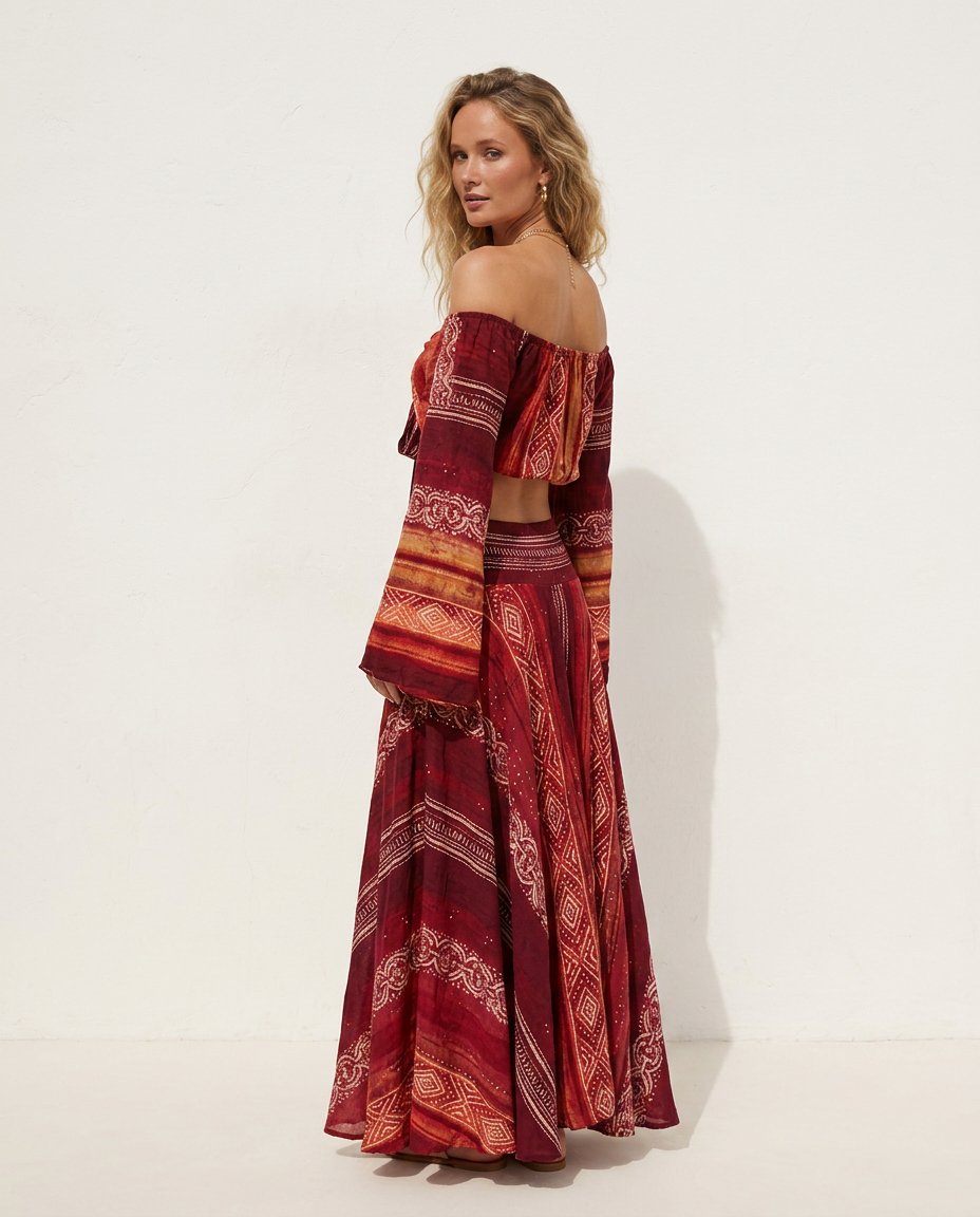 Red Reverie Wedding Guest Printed Skirt Set Red Skirt Set with Wide-Leg silhouette and Textured texture, side or back garment view for Wedding Guest, a gallery evening, Fall current summer selling first with a light late-summer/pre-fall accent: make it we by floravincie