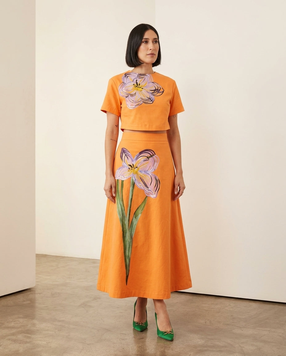 Orange Whisper Wedding Guest Floral Skirt Set Orange Skirt Set with Asymmetric silhouette and Textured texture, side or back garment view for Wedding Guest, a gallery evening, Fall current summer selling first with a light late-summer/pre-fall accent: mak by floravincie
