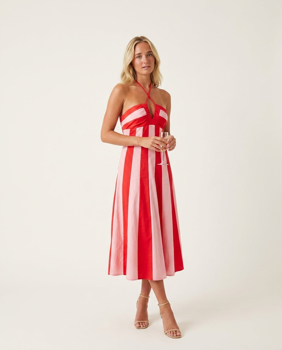 Red Allure Wedding Guest Striped Midi Dress Red Midi Dress with Flowing silhouette and Ribbed Knit texture, side or back garment view for Wedding Guest, an office-to-dinner transition, Fall current summer selling first with a light late-summer/pre-fall ac by floravincie