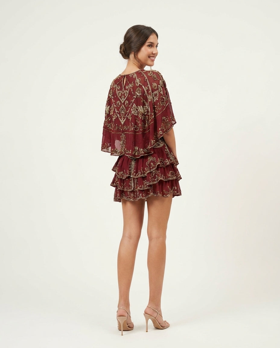 Burgundy Bloom Wedding Guest Embroidered Romper Burgundy Romper with Relaxed Fit silhouette and Textured texture, side or back garment view for Wedding Guest, a fall city dinner, Fall current summer selling first with a light late-summer/pre-fall accent: by floravincie