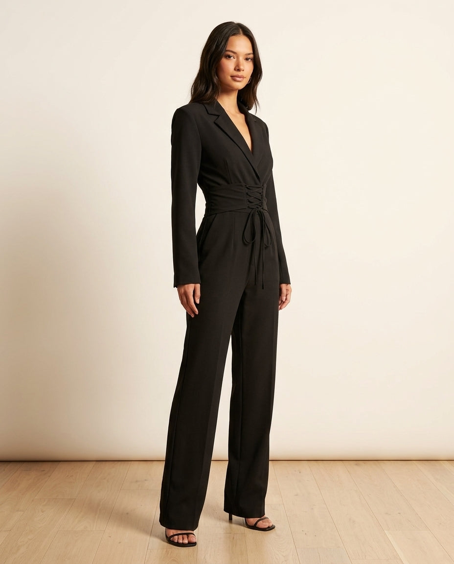 Black Bloom Wedding Guest Textured Jumpsuit Black Jumpsuit with Wide-Leg silhouette and Textured texture, side or back garment view for Wedding Guest, a cafe plan, Fall current summer selling first with a light late-summer/pre-fall accent: make it wearabl by floravincie