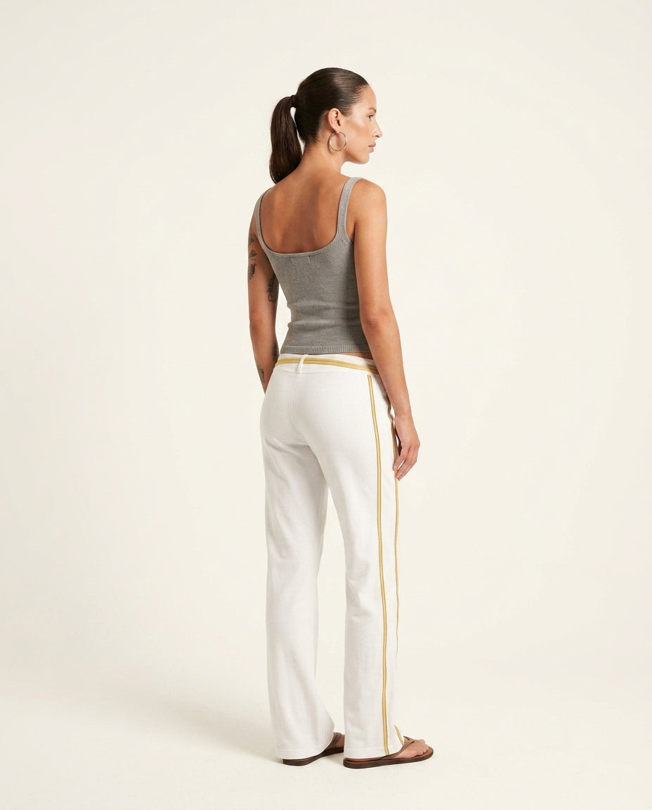 Ivory Gleam Wedding Guest Striped Pant Set Ivory Pant Set with Wide-Leg silhouette and Linen Blend texture, side or back garment view for Wedding Guest, a cafe plan, Fall current summer selling first with a light late-summer/pre-fall accent: make it weara by floravincie