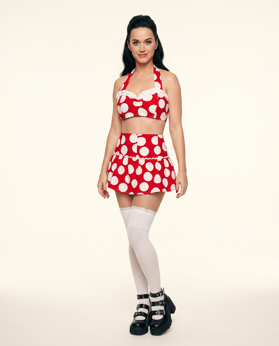 Red Gleam Wedding Guest Polka Dot Skirt Set Red Skirt Set with Cropped silhouette and Textured texture, side or back garment view for Wedding Guest, a gallery evening, Fall current summer selling first with a light late-summer/pre-fall accent: make it wea by floravincie