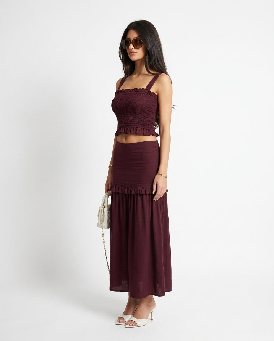 Burgundy Bloom Resort Printed Skirt Set Burgundy Skirt Set with Cropped silhouette and Linen Blend texture, side or back garment view for Resort Wear, a gallery opening in Paris, Euro Chic Premium