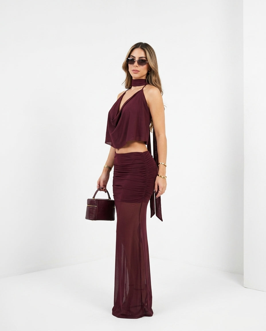 Burgundy Muse Evening Ruched Skirt Set Burgundy Skirt Set with Asymmetric silhouette and Textured texture, side or back garment view for Date Night, an estate dinner at golden hour, US East / Hamptons Elite