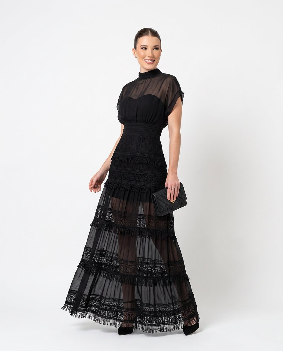 Black Charm Evening Lace Maxi Dress Black Maxi Dress with Asymmetric silhouette and Textured texture, side or back garment view for Date Night, a Palm Springs weekend, US Coastal Glam