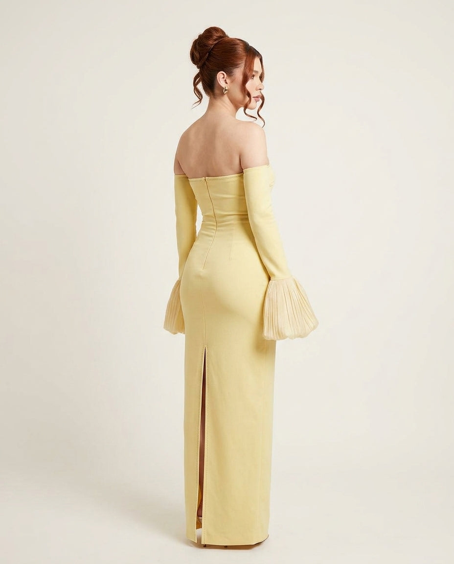 Butter Yellow Charm Summer Pleated Maxi Dress Butter Yellow Maxi Dress with Relaxed Fit silhouette and Textured texture, side or back garment view for Rooftop Brunch, a rooftop dinner in LA, US Coastal Glam