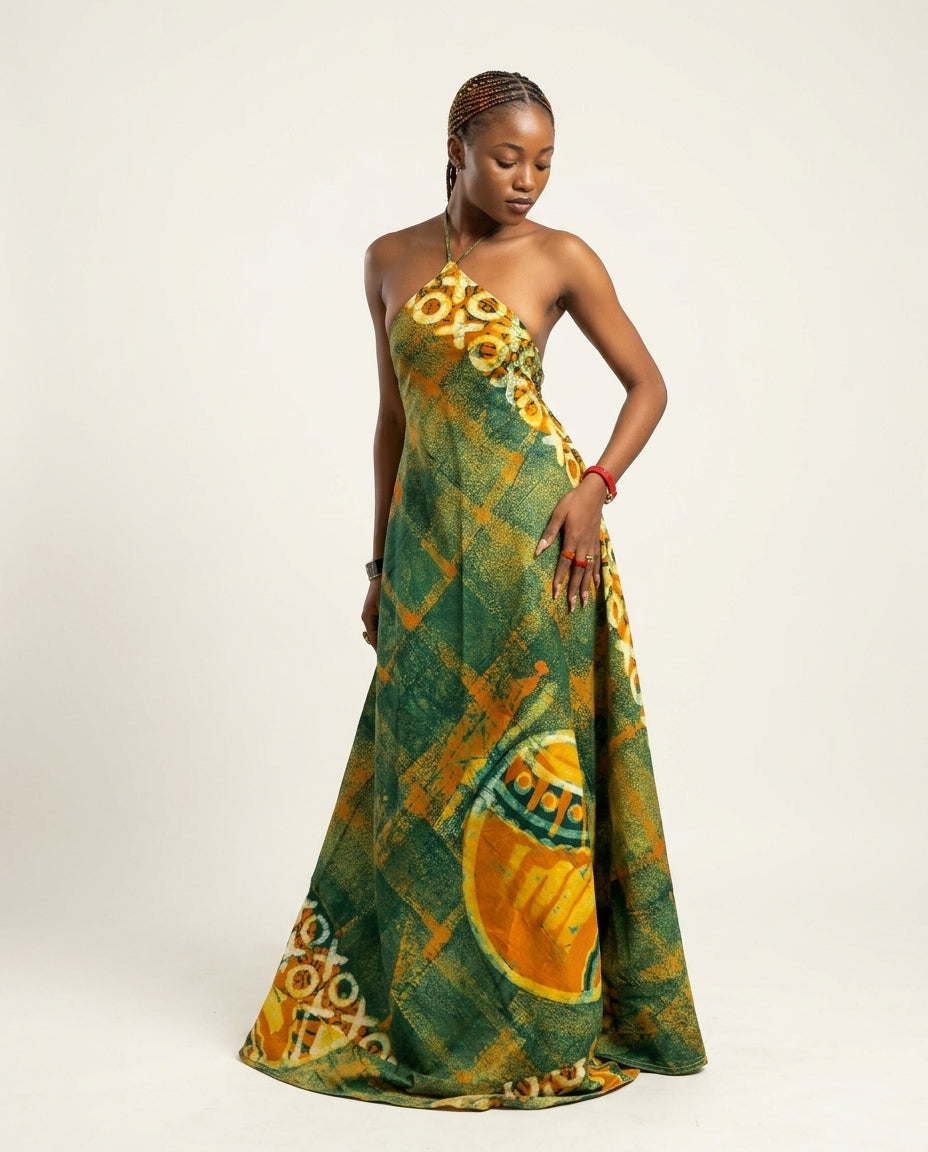 Sage Velvet Resort Abstract Print Maxi Dress Sage Maxi Dress with Relaxed Fit silhouette and Textured texture, side or back garment view for Resort Wear, a polished coastal brunch, US East / Hamptons Elite