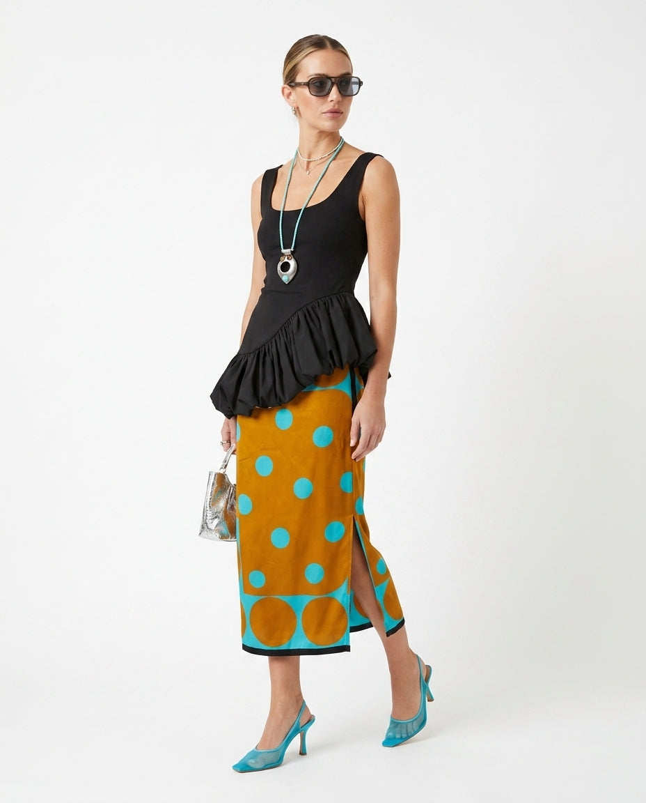 Black Allure Summer Polka Dot Skirt Set Black Skirt Set with Relaxed Fit silhouette and Textured texture, side or back garment view for Vacation Set, a gallery opening in Paris, Euro Chic Premium