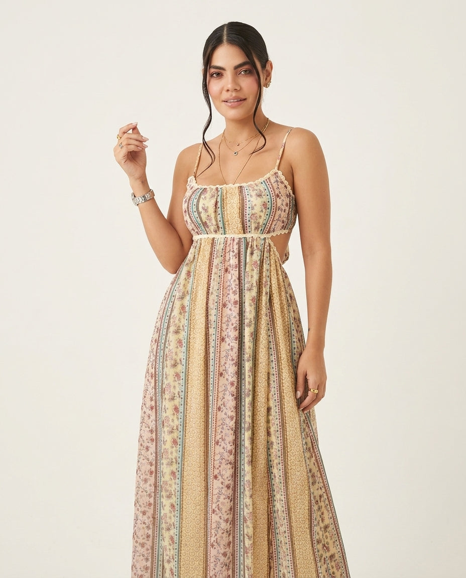 Butter Yellow Allure Resort Floral Maxi Dress Butter Yellow Maxi Dress with Relaxed Fit silhouette and Textured texture, side or back garment view for Resort Wear, Sunset in Malibu, US Coastal Glam