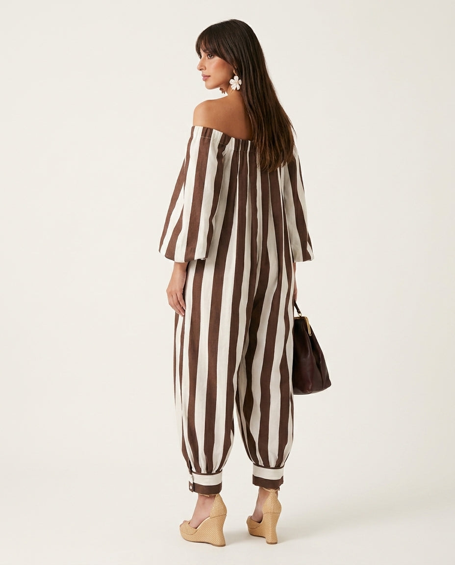 Brown Aura Resort Striped Jumpsuit Brown Jumpsuit with Wide-Leg silhouette and Linen Blend texture, side or back garment view for Resort Wear, a private garden lunch, US East / Hamptons Elite