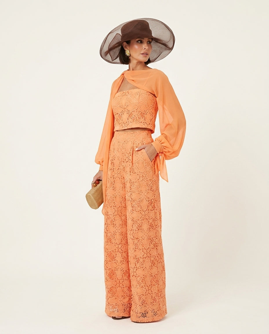 Orange Grace Summer Lace Jacket Orange Jacket with Wide-Leg silhouette and Textured texture, side or back garment view for Business Casual, Evening in Amalfi, Euro Chic Premium