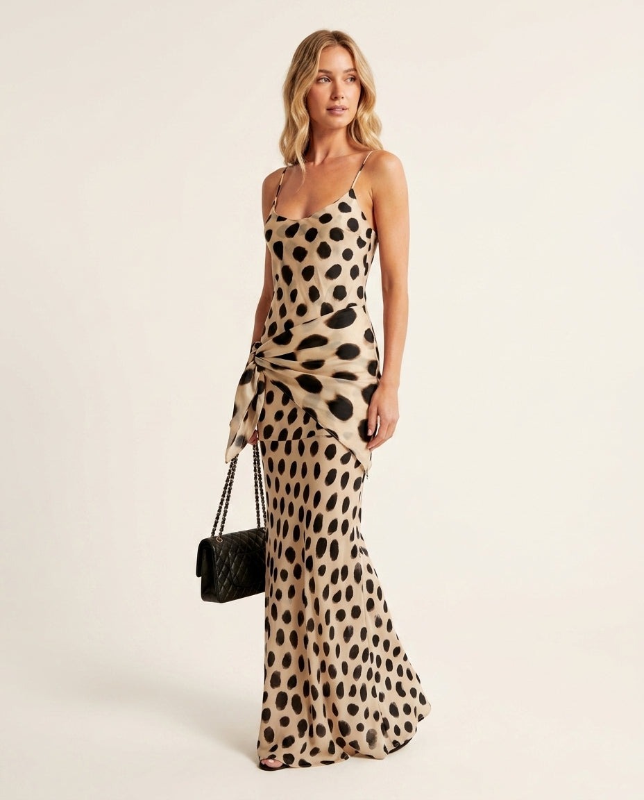 Sand Velvet Evening Printed Maxi Dress Sand Maxi Dress with Relaxed Fit silhouette and Satin texture, side or back garment view for Resort Wear, Evening in Amalfi, Euro Chic Premium