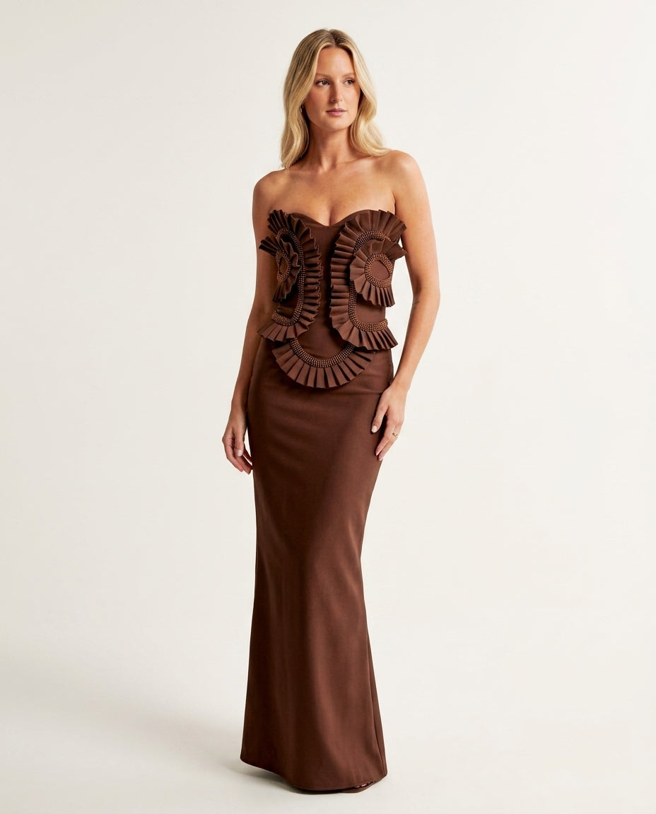 Brown Lustre Evening Ruffled Maxi Dress Brown Maxi Dress with Relaxed Fit silhouette and Textured texture, side or back garment view for Date Night, Brunch in SoHo, US Coastal Glam