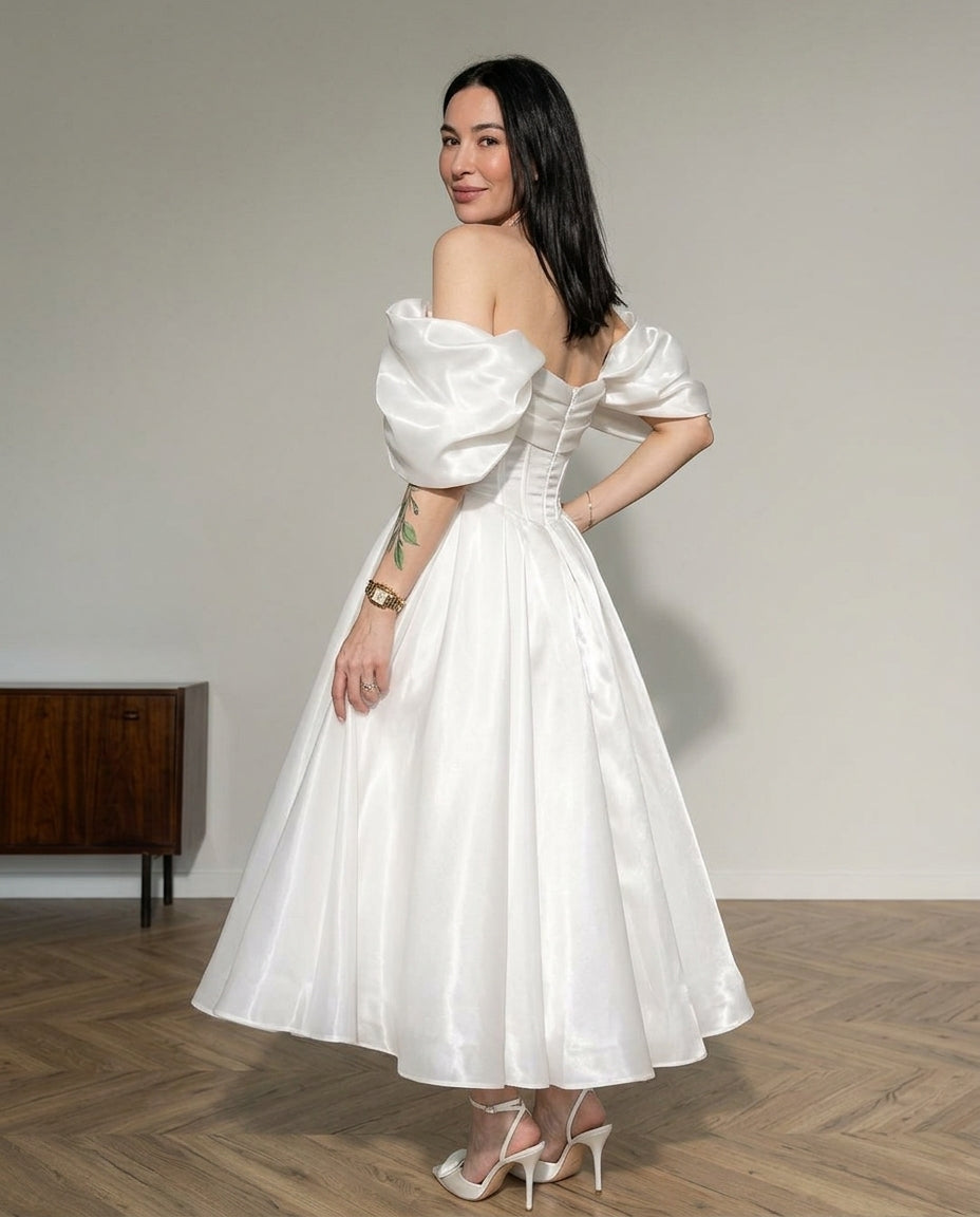 Ivory Velvet Evening Satin Maxi Dress Ivory Maxi Dress with Structured silhouette and Satin texture, side or back garment view for Date Night, a private garden lunch, US East / Hamptons Elite