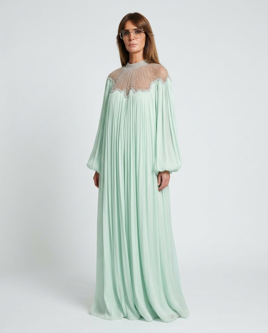 Mint Green Lustre Resort Pleated Romper Mint Green Romper with Relaxed Fit silhouette and Textured texture, side or back garment view for Resort Wear, an estate dinner at golden hour, US East / Hamptons Elite