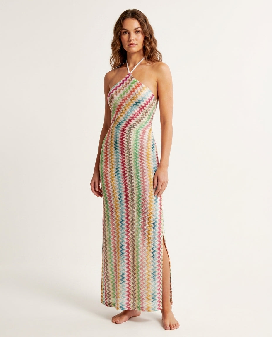 Multi-Color Lustre Resort Halter Maxi Dress Multi-Color Maxi Dress with Relaxed Fit silhouette and Ribbed Knit texture, side or back garment view for Resort Wear, a Palm Springs weekend, US Coastal Glam