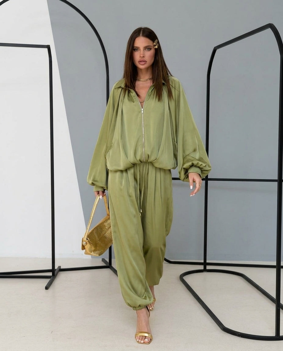Olive Green Bloom Summer Satin Jumpsuit Olive Green Jumpsuit with Relaxed Fit silhouette and Satin texture, side or back garment view for City Evening, Weekend in The Hamptons, US East / Hamptons Elite