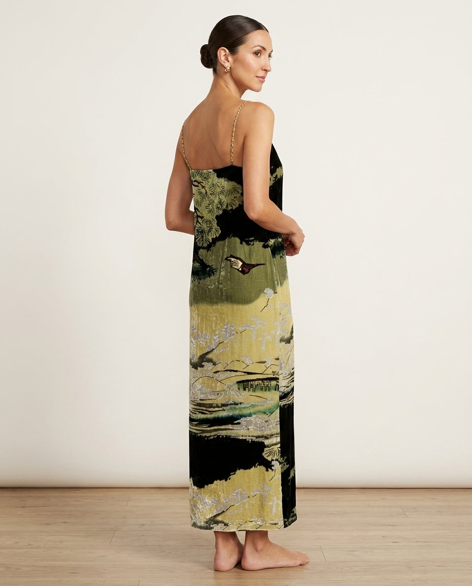 Black Reverie Resort Printed Maxi Dress Black Maxi Dress with Relaxed Fit silhouette and Textured texture, side or back garment view for Resort Wear, a polished coastal brunch, US East / Hamptons Elite