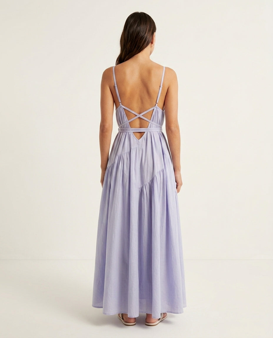 Lavender Velvet Resort Tiered Maxi Dress Lavender Maxi Dress with Relaxed Fit silhouette and Textured texture, side or back garment view for Resort Wear, Coffee in Marais, Euro Chic Premium by floravincie