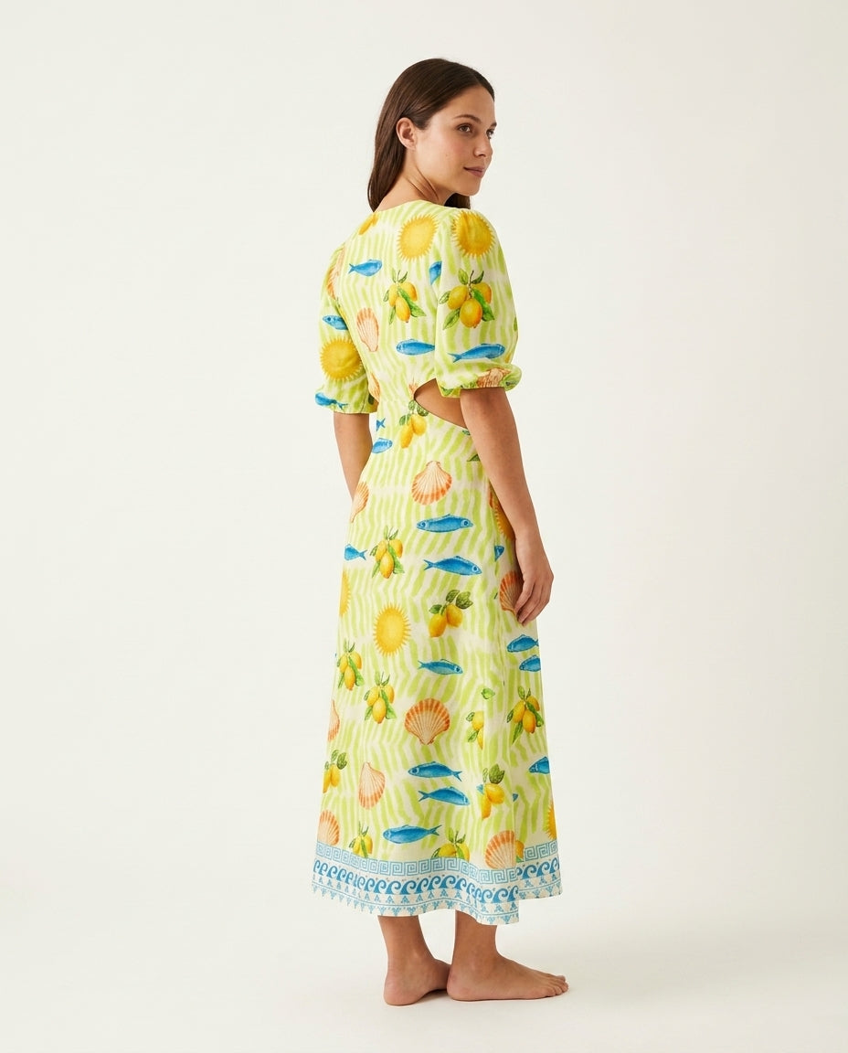 Butter Yellow Velvet Resort Embroidered Maxi Dress Butter Yellow Maxi Dress with Relaxed Fit silhouette and Textured texture, side or back garment view for Resort Wear, a polished coastal brunch, US East / Hamptons Elite by floravincie