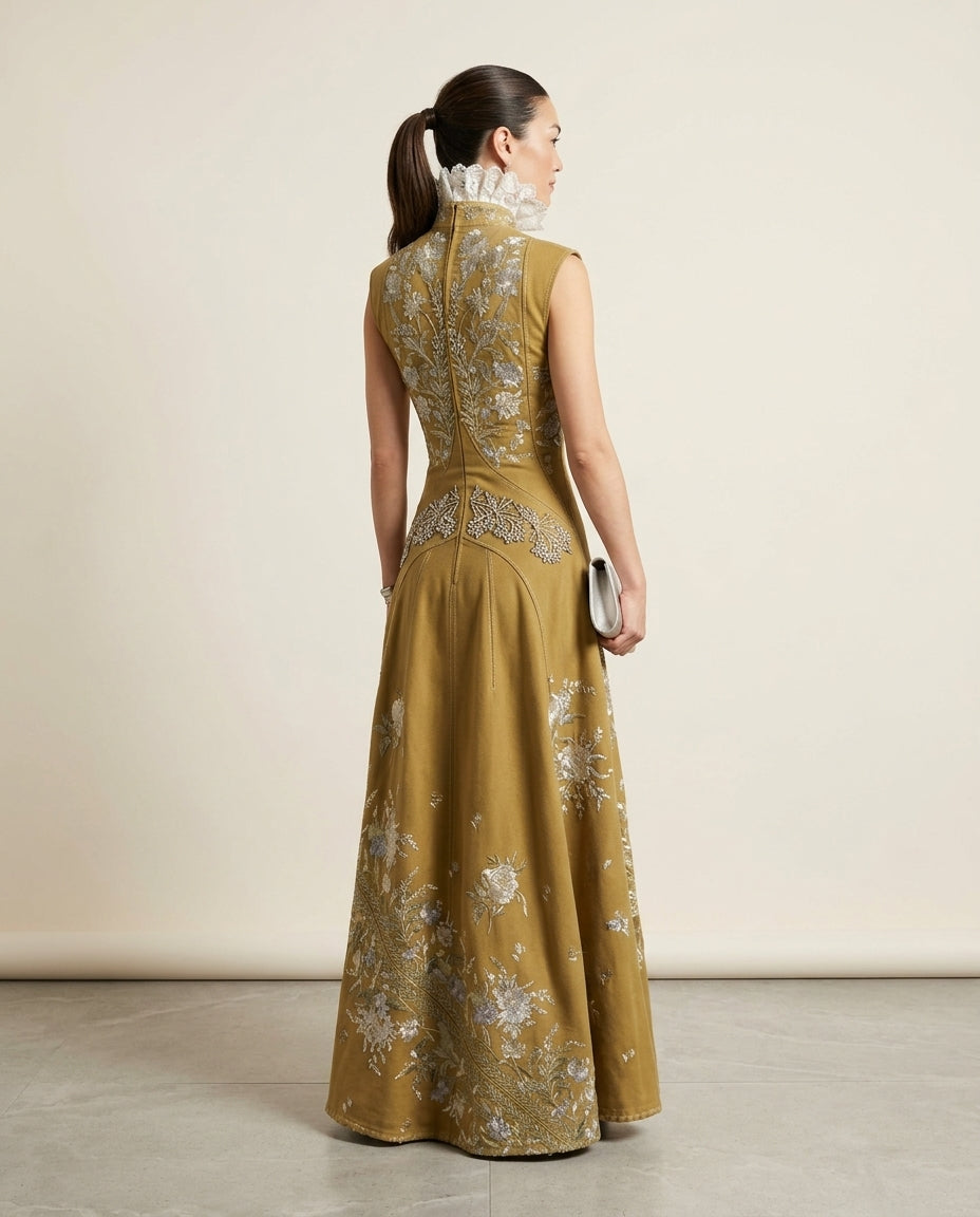Mustard Yellow Grace Summer Embroidered Maxi Dress Mustard Yellow Maxi Dress with Relaxed Fit silhouette and Textured texture, side or back garment view for Wedding Guest, an estate dinner at golden hour, US East / Hamptons Elite by floravincie
